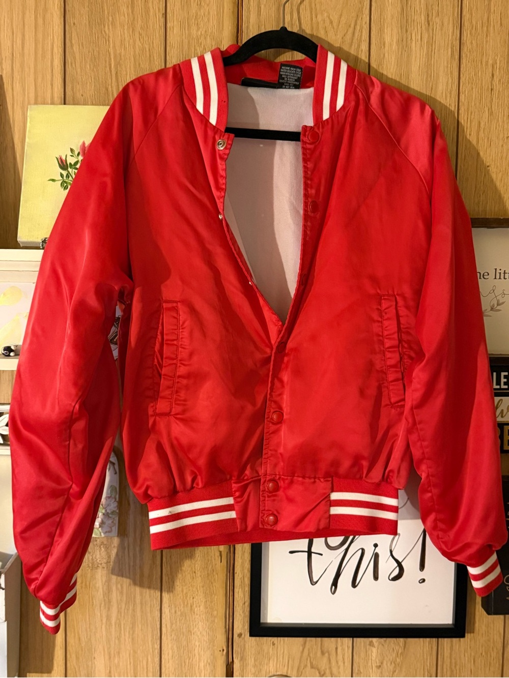 Red Satin Bomber Jacket with White Stripe Ribbing